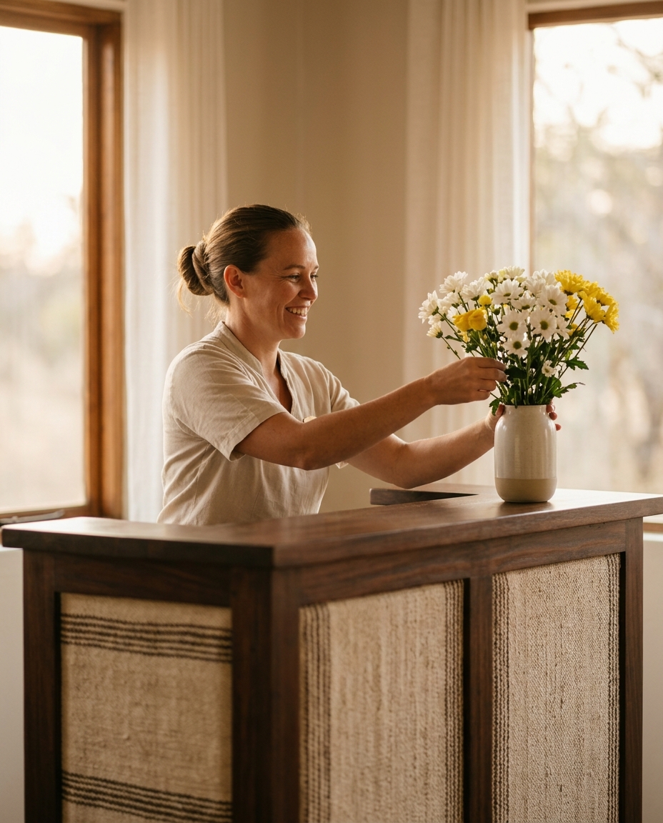 A lodge host arranging fresh flowers at the reception desk in warm window light