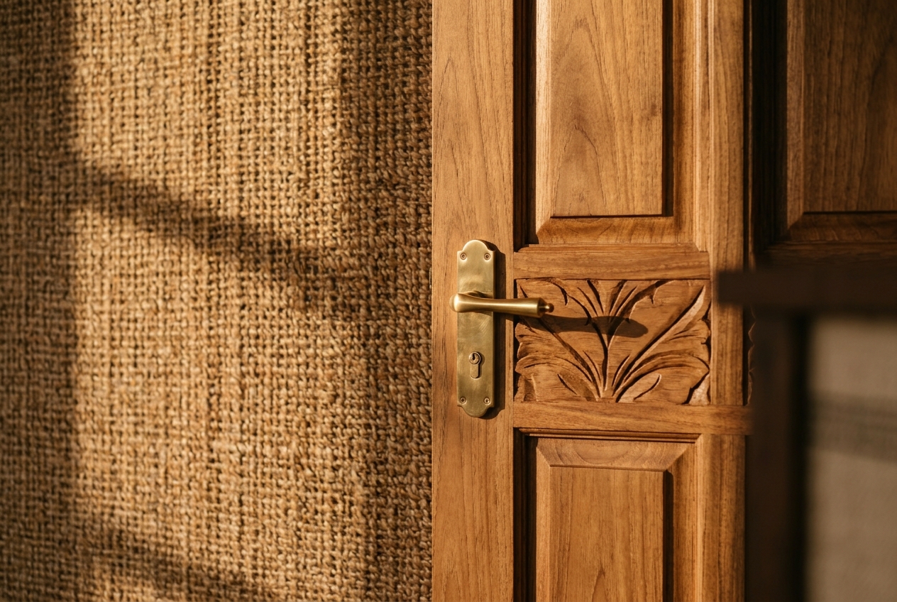 Hand-carved wooden door detail at the lodge — geometric motifs in honey-toned timber, carved by local craftsmen