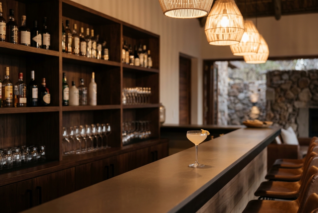 Lodge bar with warm pendant lighting, glassware and backlit bottles