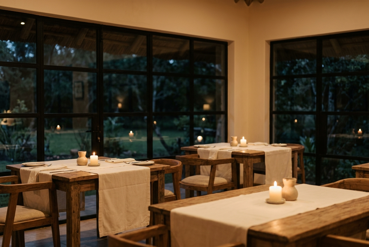 Candlelit tables in the dining room at dusk, set for the evening service