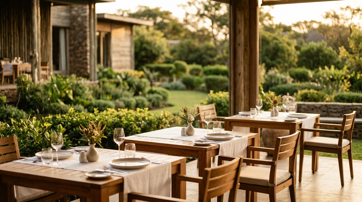 Outdoor dining terrace set for dinner at golden hour, overlooking the lodge gardens