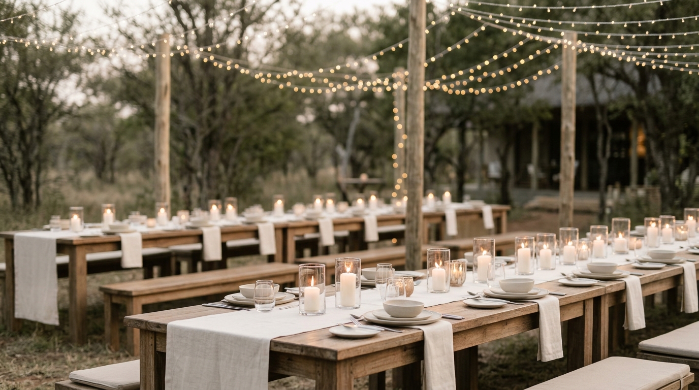 Open-air event space with long tables and candles, dressed for a garden wedding
