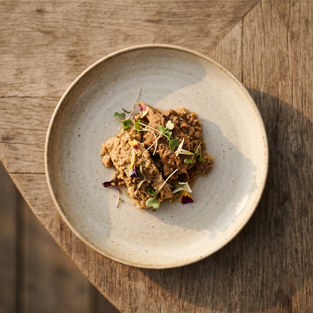 Plated savanna tagine — spiced lamb with dates and preserved lemon, dressed with garden herbs