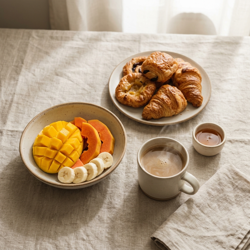 Garden breakfast spread with fresh fruit, pastries, yoghurt and a pot of coffee