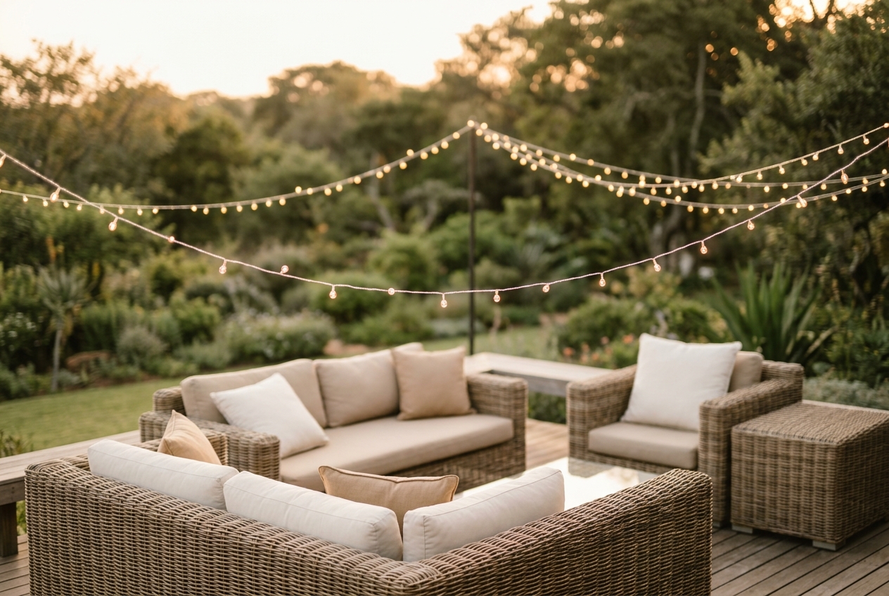 Outdoor lounge deck with woven chairs and soft lanterns at dusk