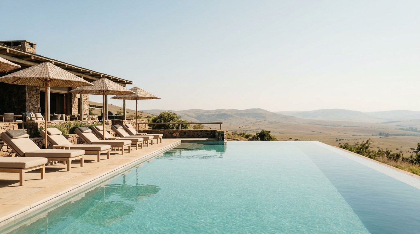 Infinity pool at the lodge edge, spilling into a view of the highland hills