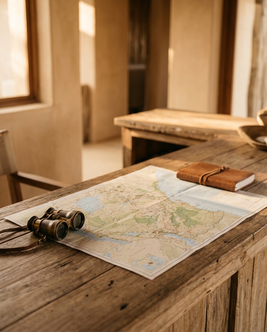 Safari concierge desk with maps, binoculars and field guides
