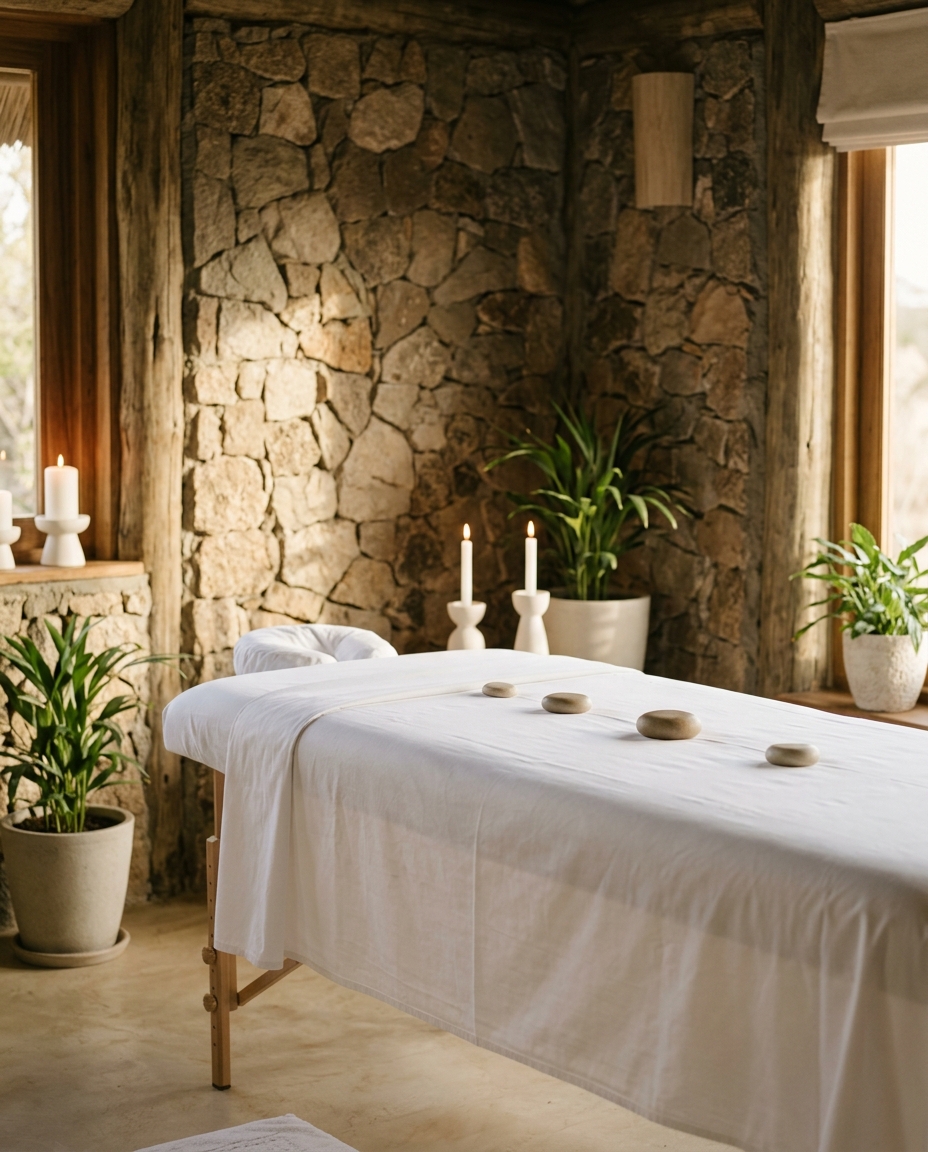 Spa treatment room at Mbuni — draped linen table, warm stone walls and soft candlelight