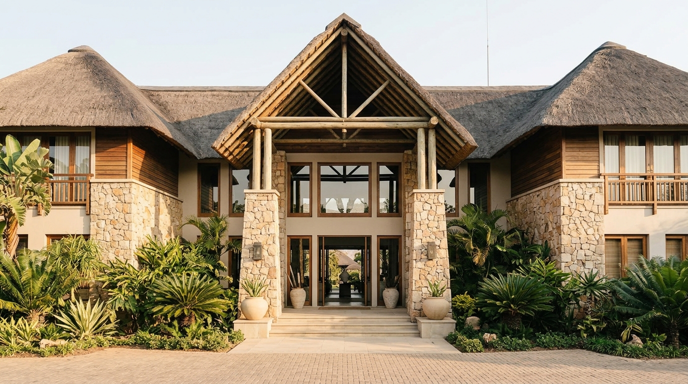 Daytime facade of Mbuni Luxury Lodge — stone walls, thatched roofs and bougainvillea under a highland sky