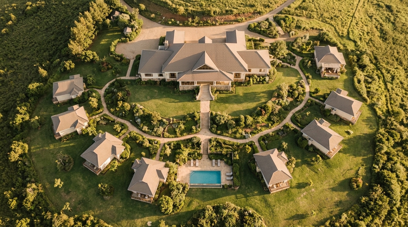 Aerial view of the lodge grounds, garden paths and pool at golden hour