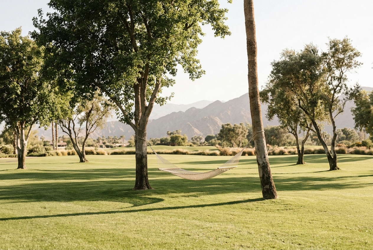 Manicured lawn with shade trees and a hammock