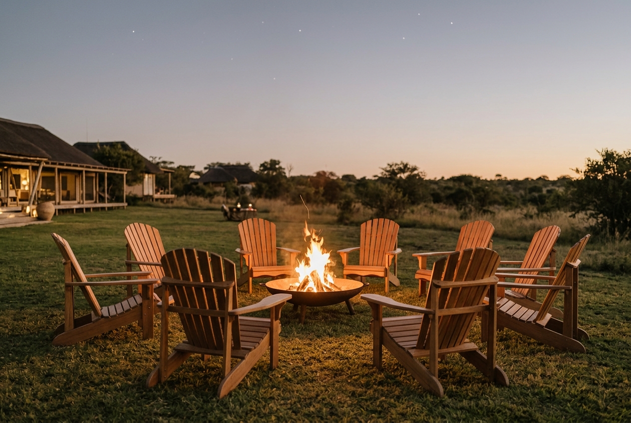 Evening campfire circle on the lodge lawn as the first stars appear over the highlands