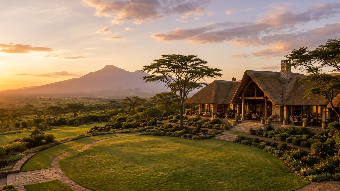Mbuni Luxury Lodge at golden hour — thatched-roof lodge among acacia trees with the Arusha highlands behind