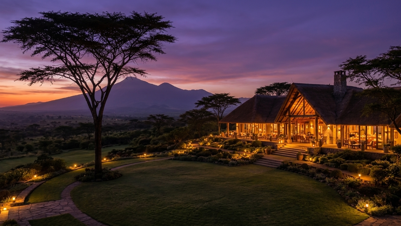 The lodge at dusk — lanterns and warm windows against a deepening highland sky