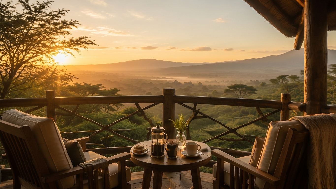 Private veranda at sunrise with coffee for two, looking out over the highlands above Arusha