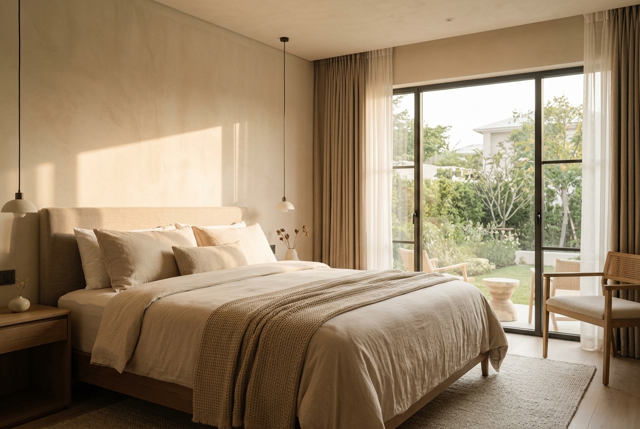 The Deluxe Garden Suite bedroom — a king bed with warm linen and a hand-carved headboard