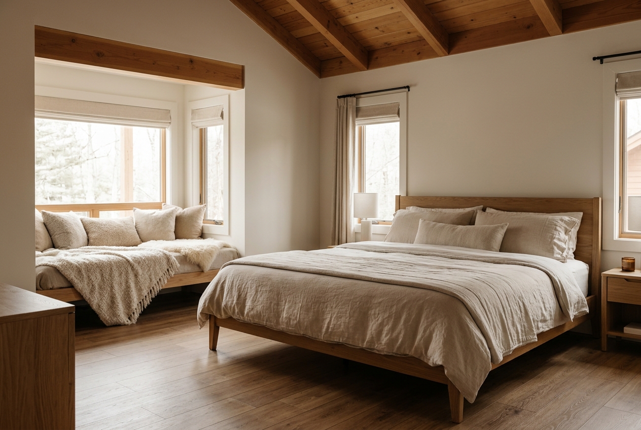 The Family Cottage interior — a king bed with a daybed nook by the window for the children