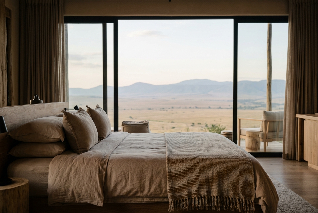 The Savanna View Room bedroom — a king bed facing a wide window angled toward the plains