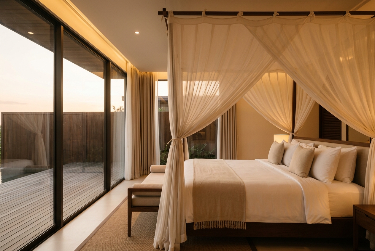 Canopy-draped king bed in the Honeymoon Villa