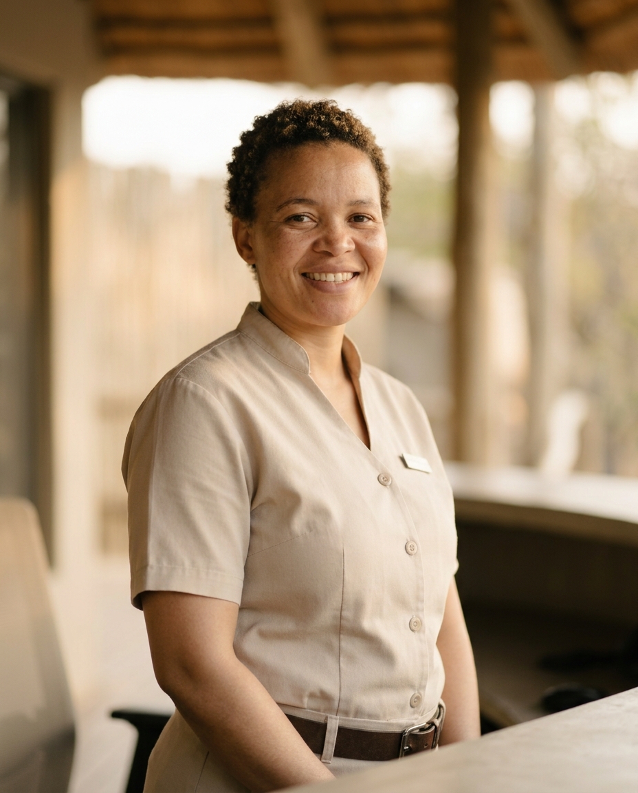 The host welcoming a guest at the reception desk, a field guide open on the counter